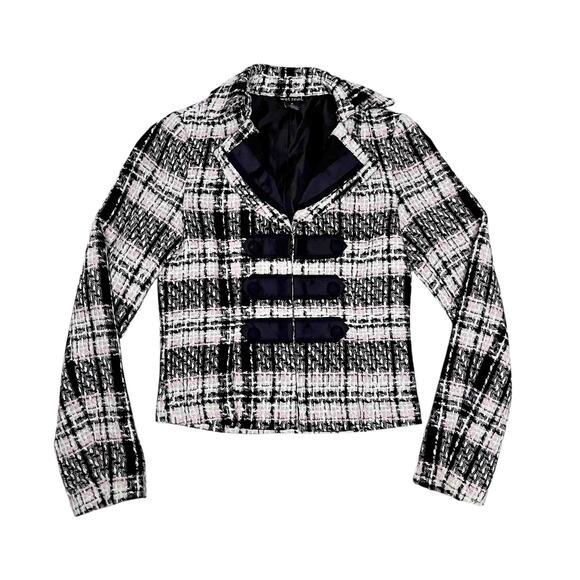 Wet Seal Tweed Plaid Blazer Jacket Women’s Sz M Black White Acrylic Long Sleeve - Picture 3 of 8